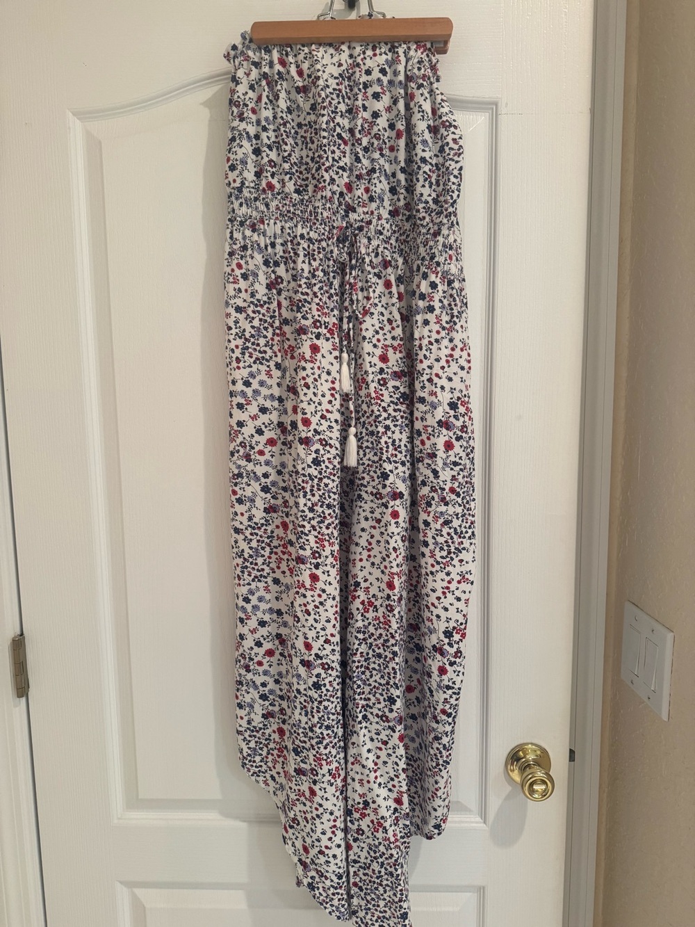 Japna White Strapless Floral Smocked Jumpsuit with Red & Blue Print